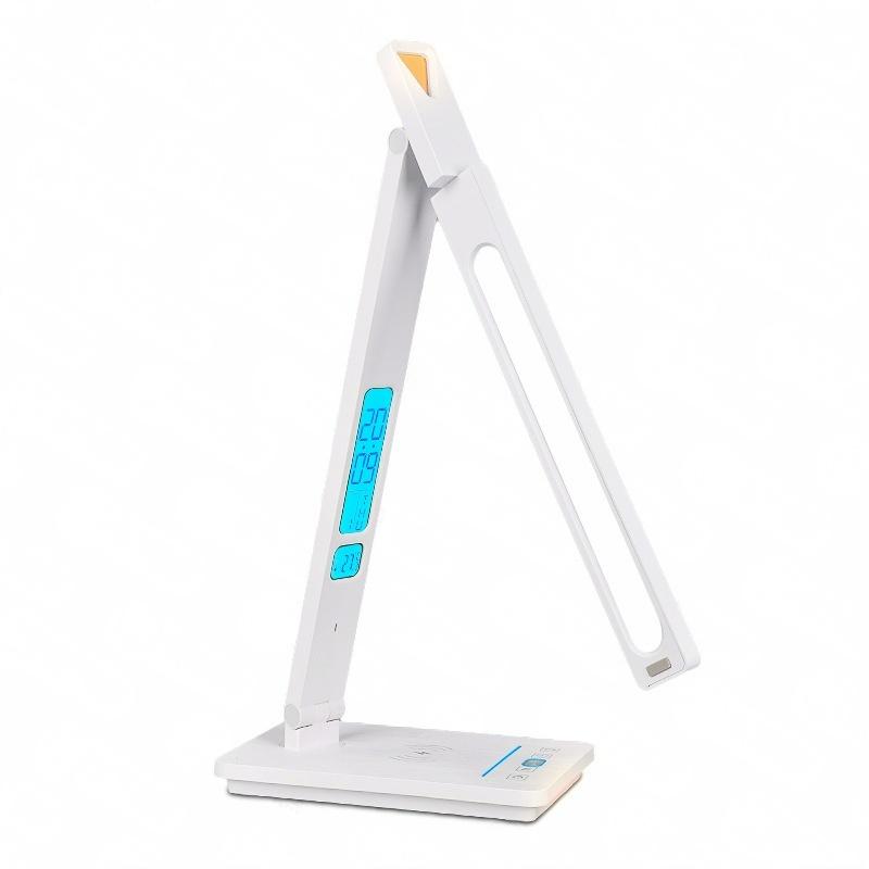 Sleek LED desk lamp with foldable design, adjustable brightness, wireless charging pad, and a digital display for time and temperature.