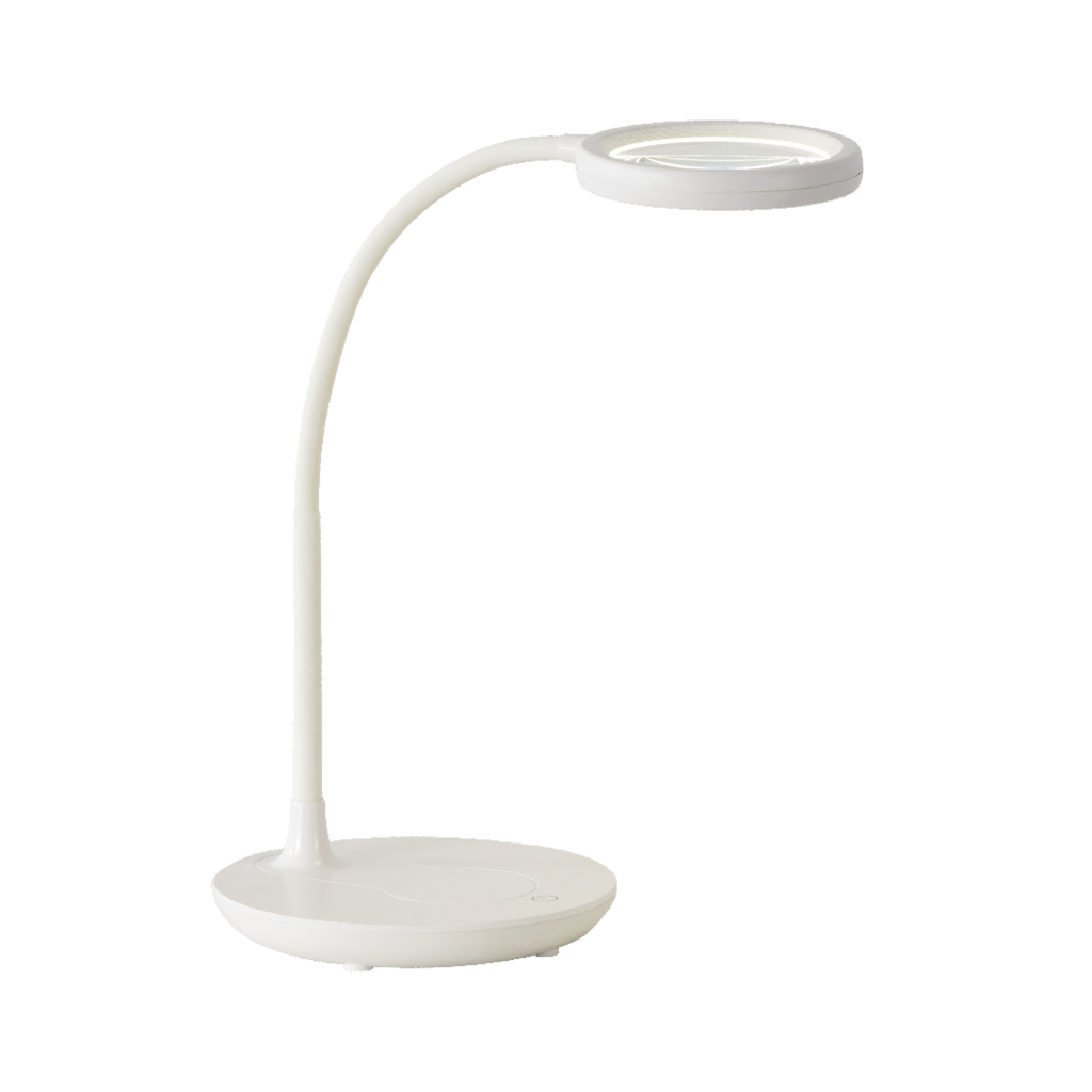 A minimalist LED desk lamp with a flexible neck and circular light, providing soft, eye-caring illumination for reading and workspace tasks.