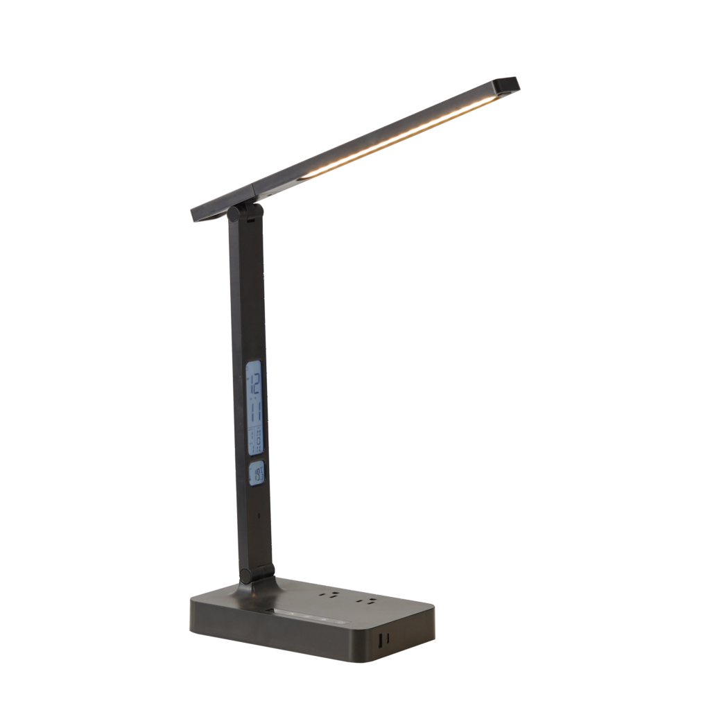 A multifunctional LED desk lamp with an integrated digital display, adjustable brightness, and built-in power outlets, designed for modern and efficient workspaces.