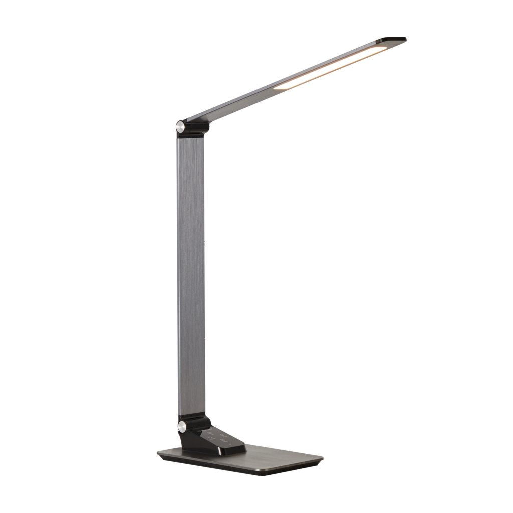 A sleek and adjustable LED desk lamp with a modern design, energy-efficient lighting, and a metallic finish, ideal for office and study use.