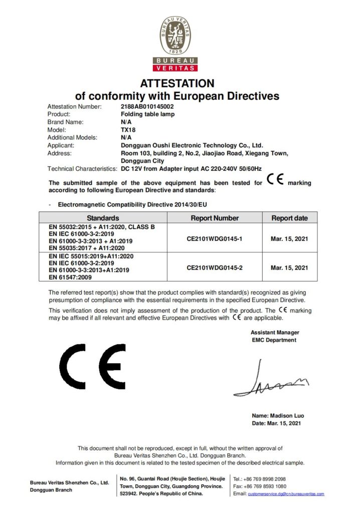 CE certification for folding table lamps, ensuring compliance with European Electromagnetic Compatibility Directive 2014/30/EU and related standards.
