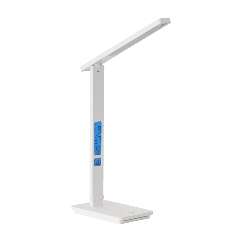 A multifunctional LED desk lamp with a sleek white design, featuring an integrated digital display for time, temperature, and calendar, perfect for modern workspaces and study areas.