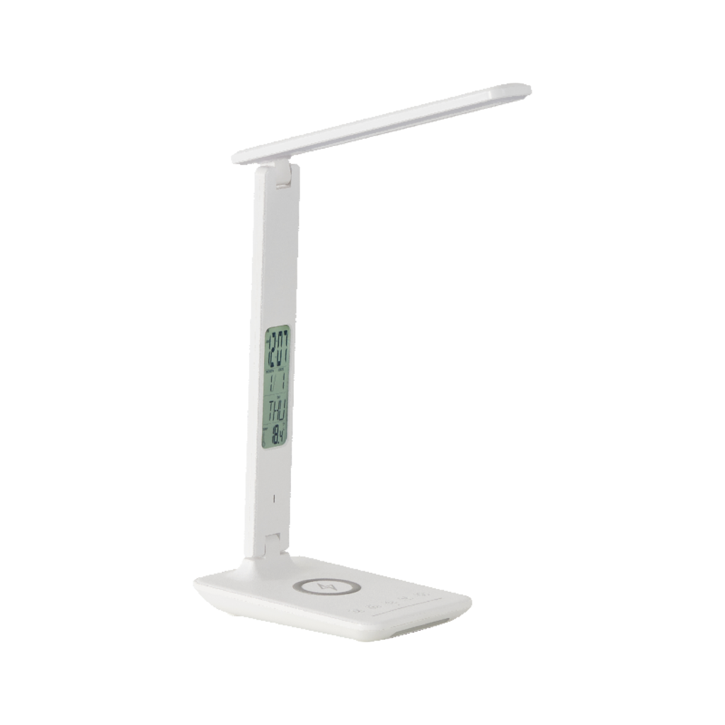 A sleek white LED desk lamp featuring a multifunctional digital display for time, date, and temperature, combined with wireless charging capabilities for modern workspaces.