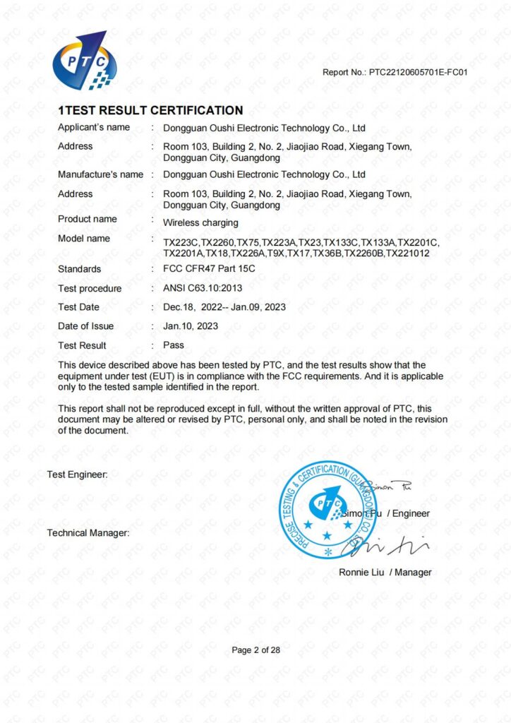 FCC certification test report for wireless charging devices, compliant with FCC CFR47 Part 15C standards and tested under ANSI C63.10:2013 procedures.
