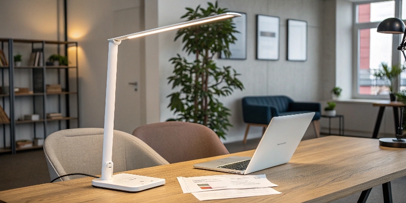 Modern LED desk lamp on a wooden desk, illuminating a workspace with a laptop and documents