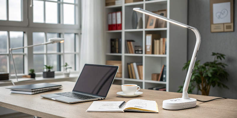 Flexible LED desk lamp with a curved neck, perfect for reading and working on a desk