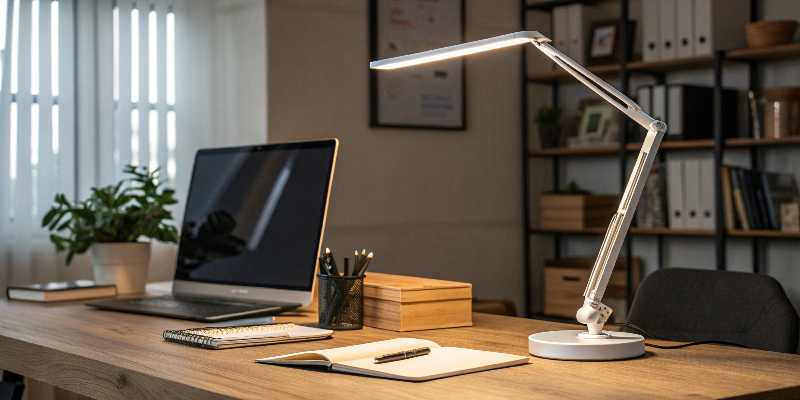 White adjustable arm LED desk lamp, creating a bright and comfortable workspace