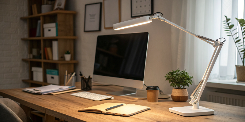 Black LED desk lamp with a modern design, perfect for study and work areas