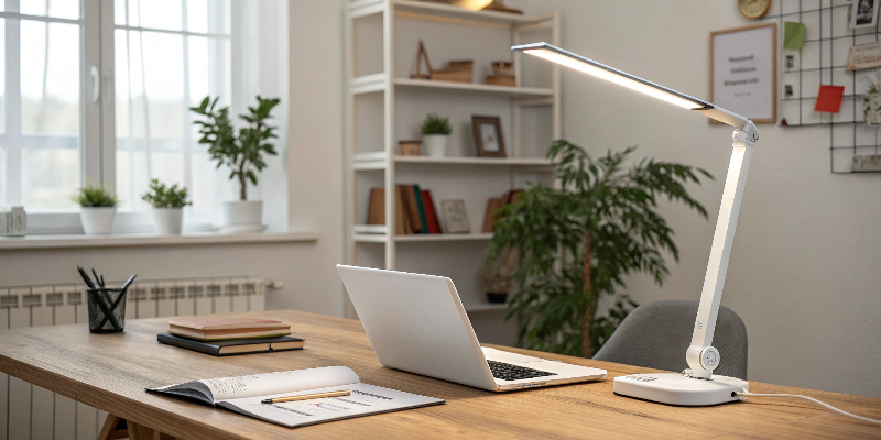 Minimalist LED desk lamp with touch controls, ideal for reading and work environments