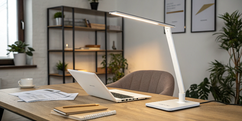 Sleek LED desk lamp with a curved arm, enhancing an organized workspace