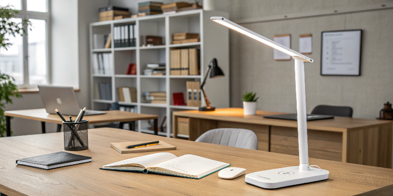 Elegant white LED desk lamp with an adjustable arm, great for study spaces