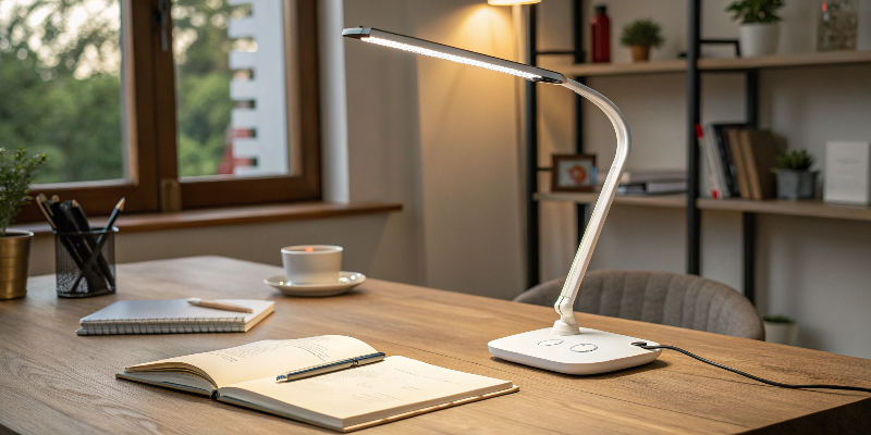 Slim white LED desk lamp providing bright, eye-caring illumination