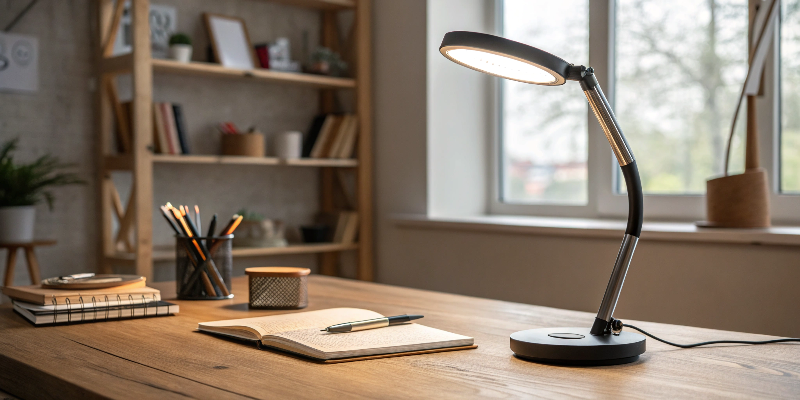 Compact black LED desk lamp creating a cozy and well-lit workspace