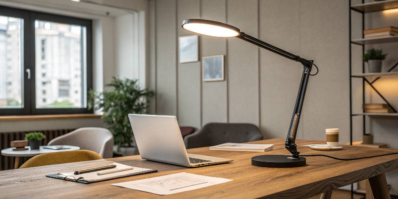 Circular LED desk lamp offering warm light for a comfortable work environment