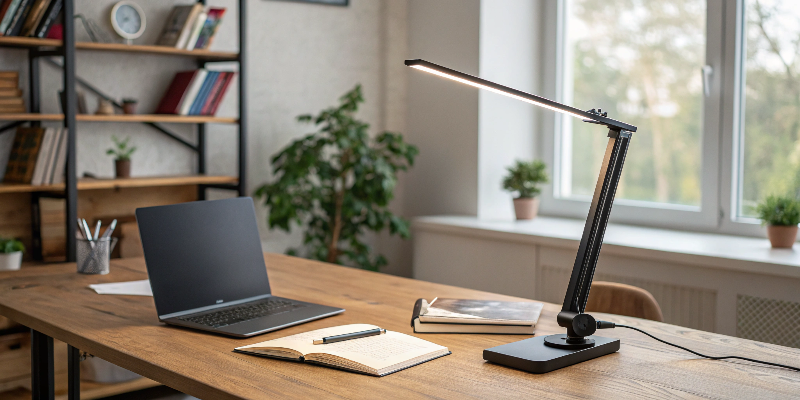 Adjustable LED desk lamp providing bright light for reading and productivity