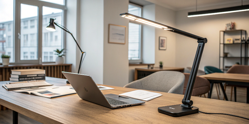 Black LED desk lamp on a modern office desk with ample workspace