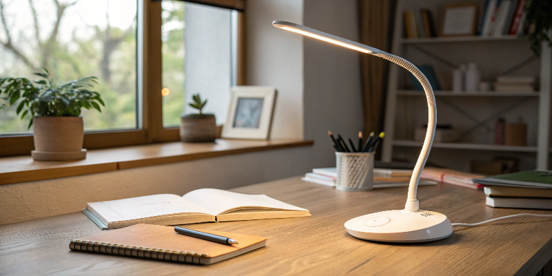 Flexible white LED desk lamp providing soft light for reading and studying