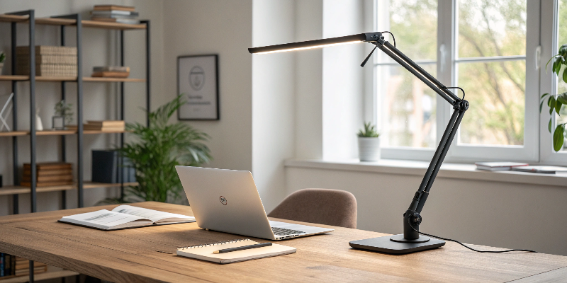 Adjustable arm LED desk lamp designed for efficient lighting and comfort