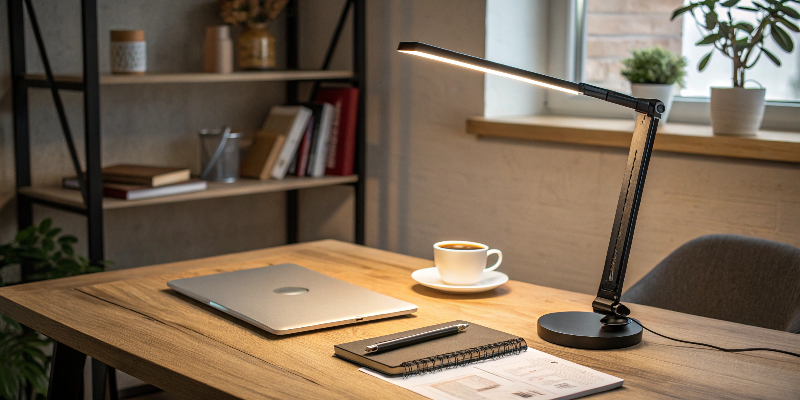 Black LED desk lamp on a wooden desk, perfect for home office settings