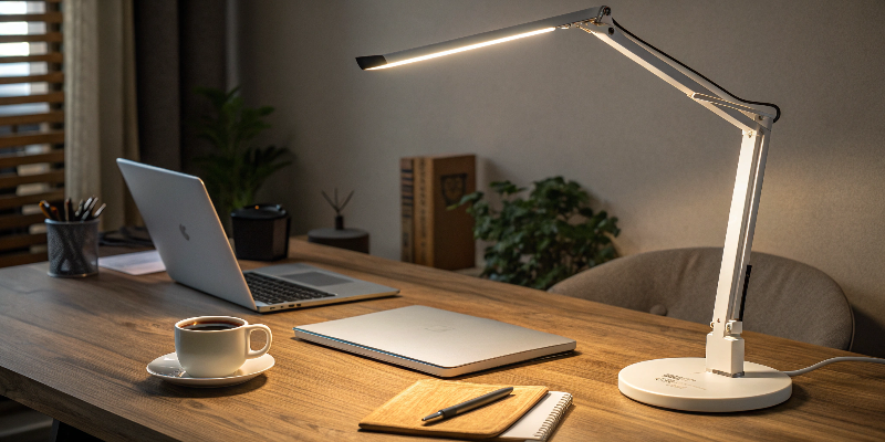 Sleek LED desk lamp enhancing a modern workspace with natural lighting