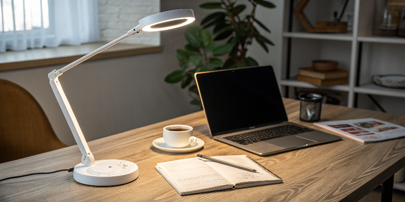 Adjustable LED desk lamp providing focused light for reading and writing