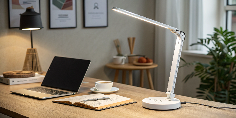 White LED desk lamp illuminating a workspace with a laptop and notebook