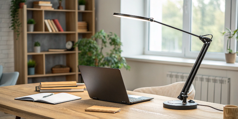 Black LED desk lamp with a sleek design, enhancing workspaces with style