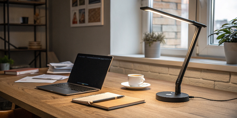 Compact black LED desk lamp providing focused light for reading and study