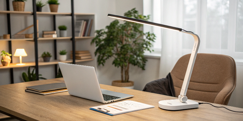 Sleek white LED desk lamp with flexible design, perfect for home offices