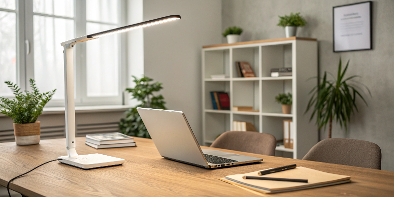 Adjustable white LED desk lamp providing bright light for a tidy workspace