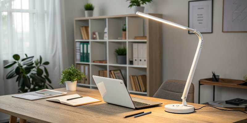 White LED desk lamp with a curved neck, ideal for reading and productivity