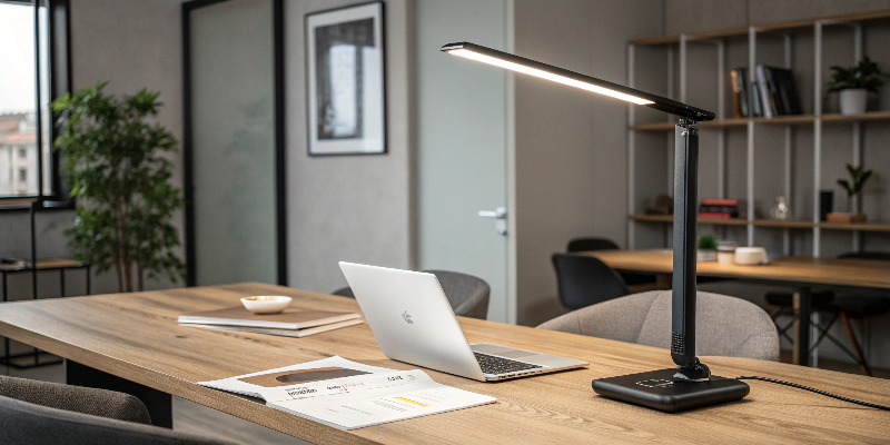 Black LED desk lamp with touch controls, perfect for modern office settings