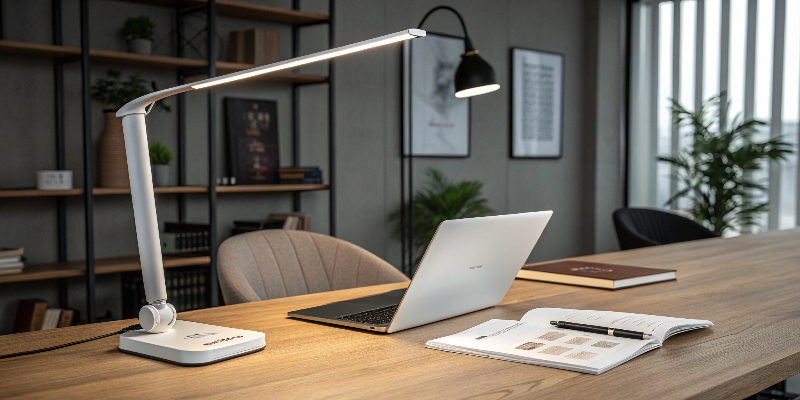 Elegant white LED desk lamp with a curved design on a professional desk