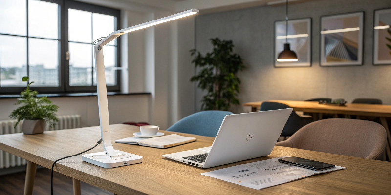 Minimalist white LED desk lamp with papers and laptop on the desk