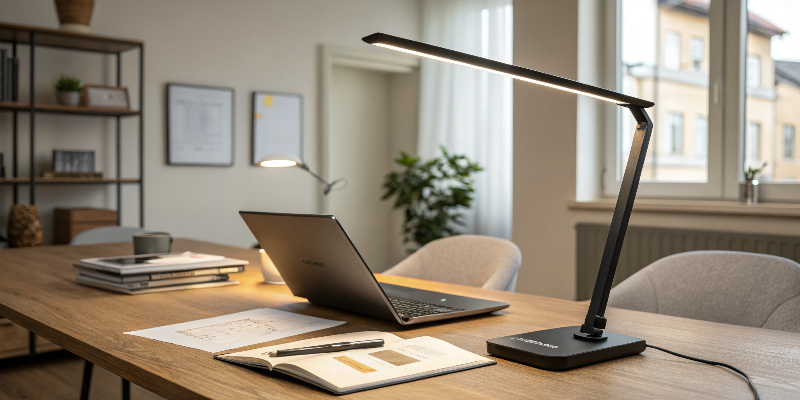 Adjustable black LED desk lamp on a table with notebooks and laptop