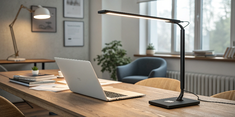 Black LED desk lamp with a slim design, blending functionality and modern aesthetics