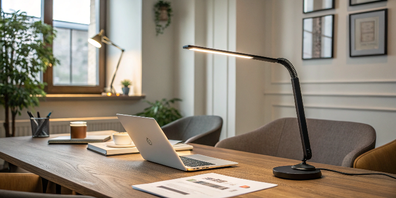 Black LED desk lamp on a wooden desk in a bright modern office