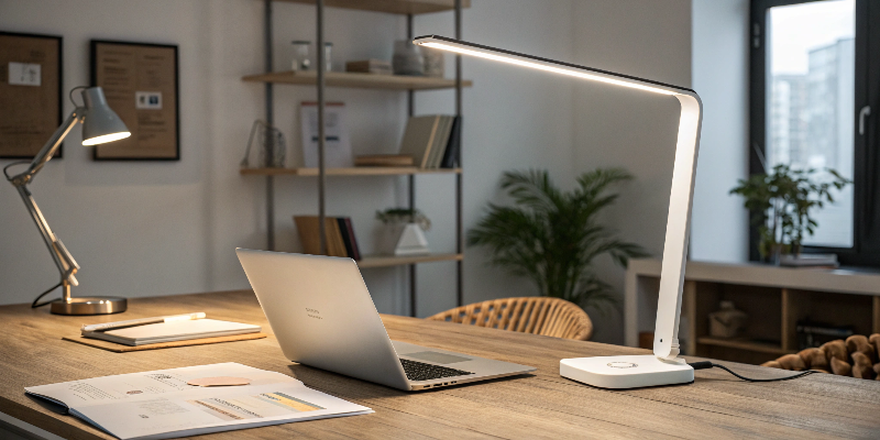 Sleek white LED desk lamp illuminating a workspace with a laptop