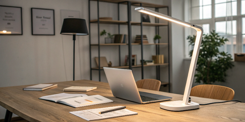 Modern LED desk lamp on a wooden desk, next to a laptop and books