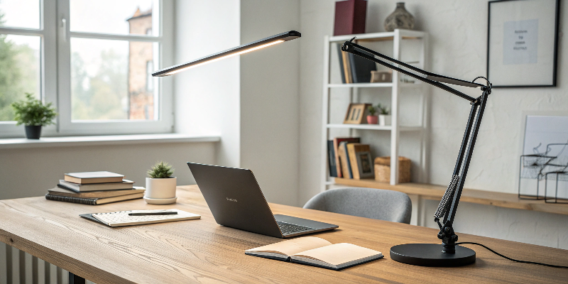 Adjustable arm LED desk lamp, enhancing productivity and focus at work