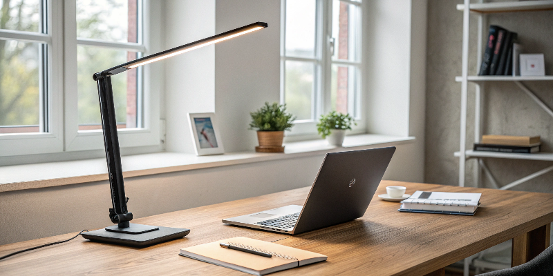 Minimalist LED desk lamp, creating a well-lit workspace by the window