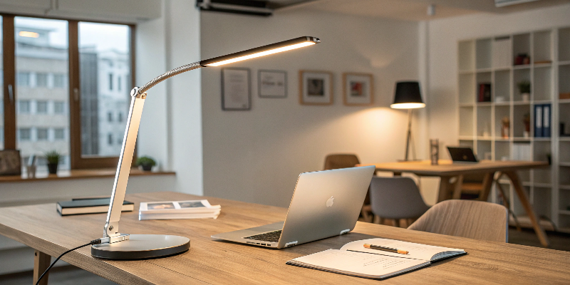 Contemporary LED desk lamp on a work desk, providing optimal lighting