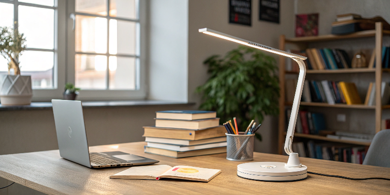 LED desk lamp illuminating a workspace, surrounded by books and a laptop