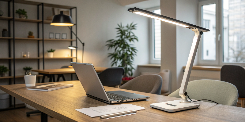 Minimalist white LED desk lamp with touch controls, ideal for office and home use