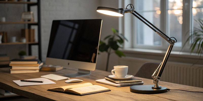 classic black adjustable desk lamp in a warm and elegant home office