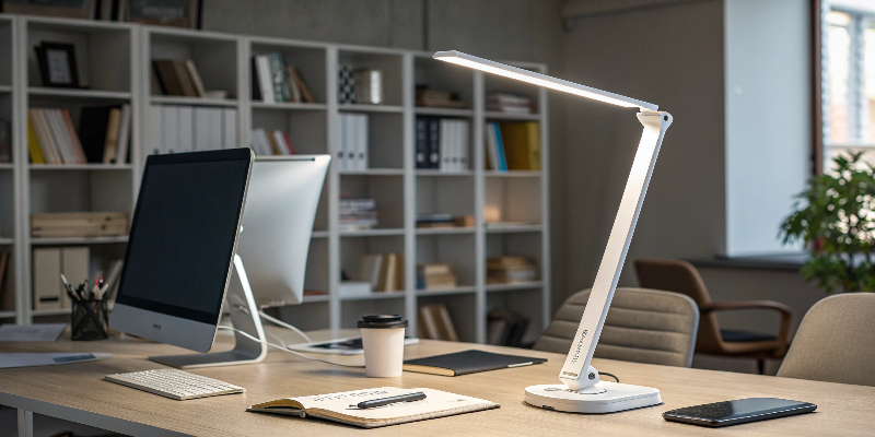 minimalist LED desk lamp illuminating a well-organized workspace