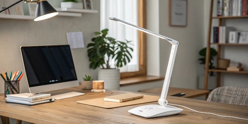 adjustable white LED desk lamp in a cozy home office setting