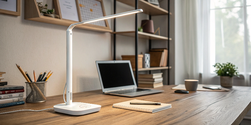 sleek white LED desk lamp on a wooden desk, ideal for work or study