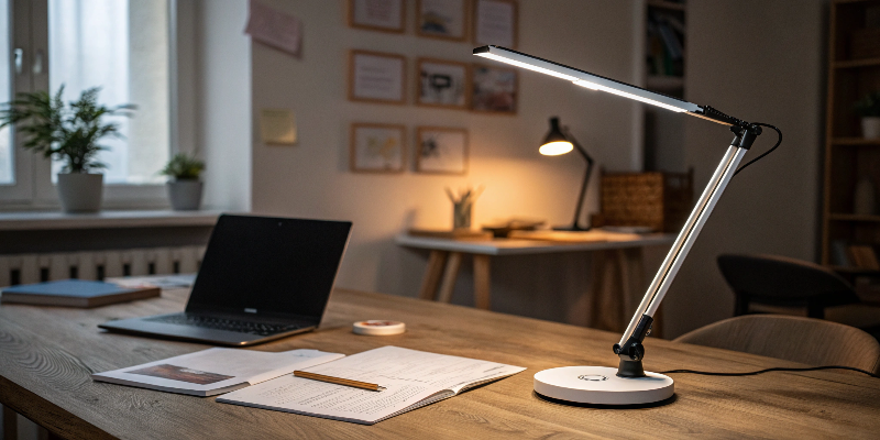 Stylish desk lamp with dual lighting arms, enhancing study or work areas with elegance