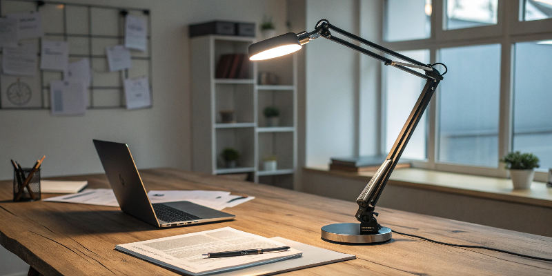 Black adjustable arm desk lamp, providing focused lighting for work and study sessions